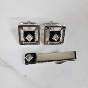 Vintage Signed Flex-let Black and‎ Silver Tone Cuff Links With Rhinestone